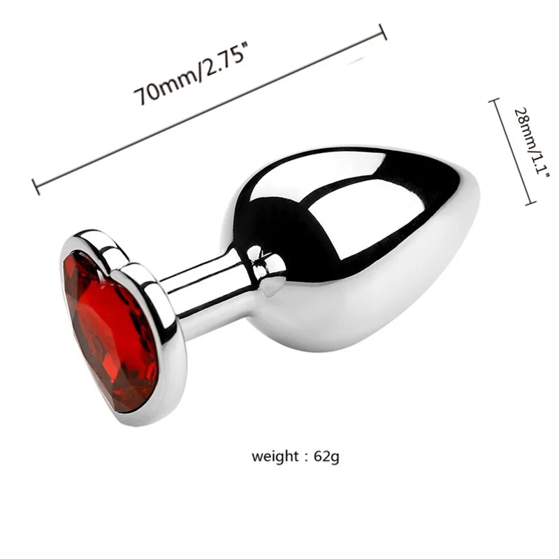 3PCS S/M/L Metal Anal Plug Butt Plug with red gem, dimensions 70mm x 28mm, weighs 62g.