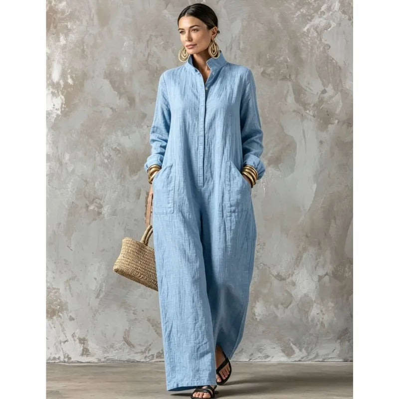Women's Spring Autumn Long Sleeved Jumpsuit With Pockets