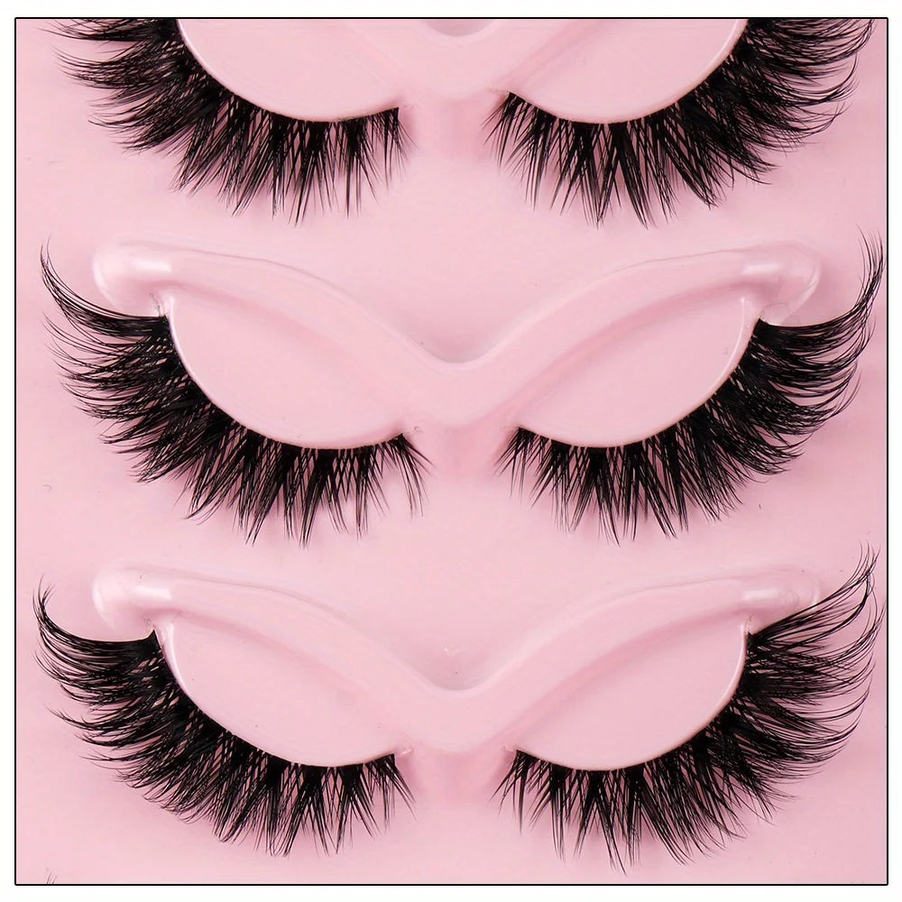 3Boxes(15Pairs) Cat Eye Lashes Fake Eyelashes arranged on a pink tray, showcasing synthetic hair design.