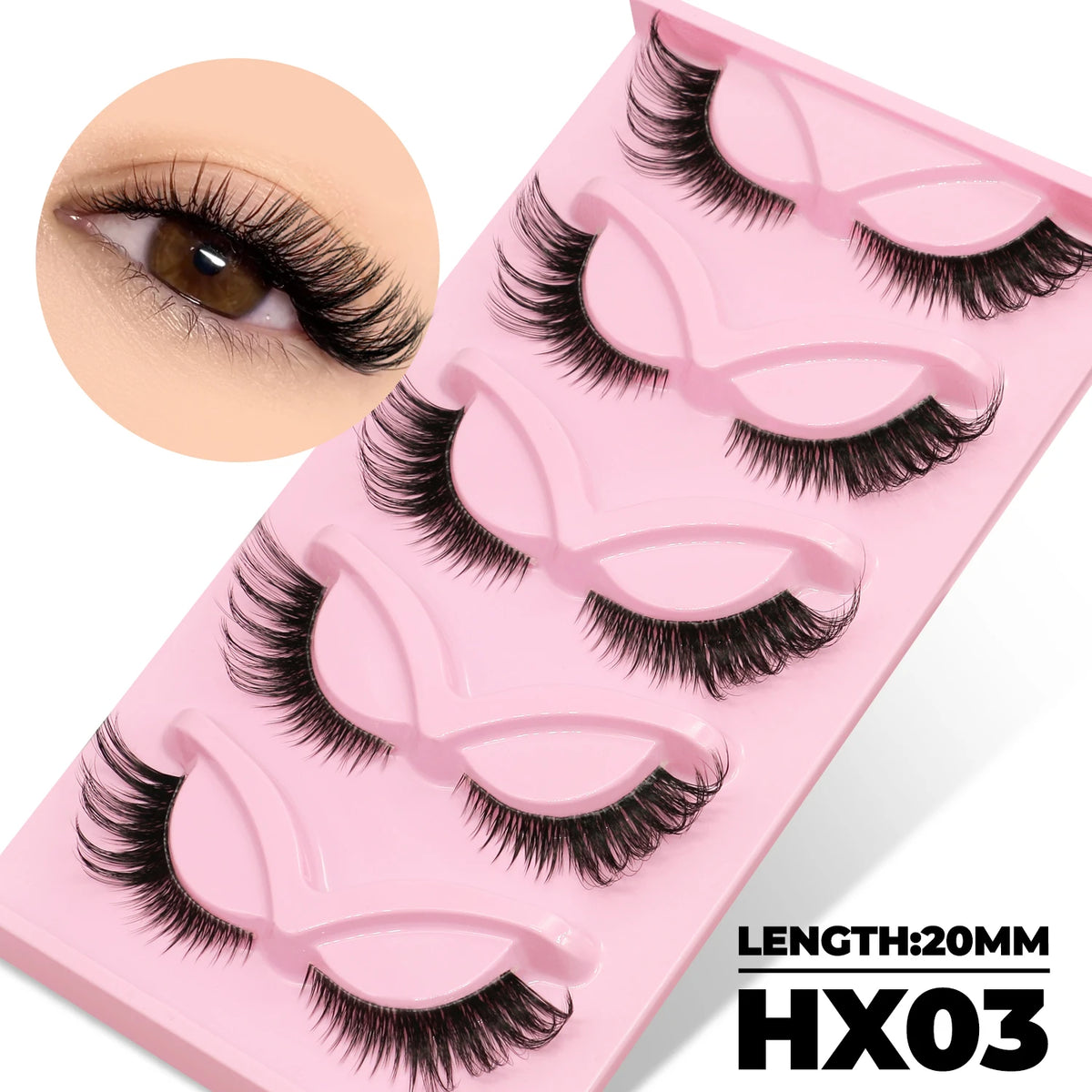 LASVIREY Fluffy Cat Eye Lashes Natural Mink displayed on a pink tray, featuring dramatic winged design and 20mm length.