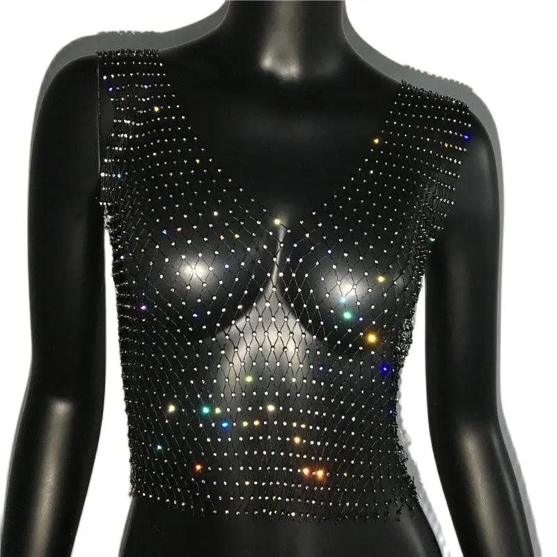 Women's Fishnet Rhinestone Crop Top 2023 Summer Sexy Mesh High Elastic Black White Shirt Net See Through Rave Diamond Tank Top - IM PERKY Boutique