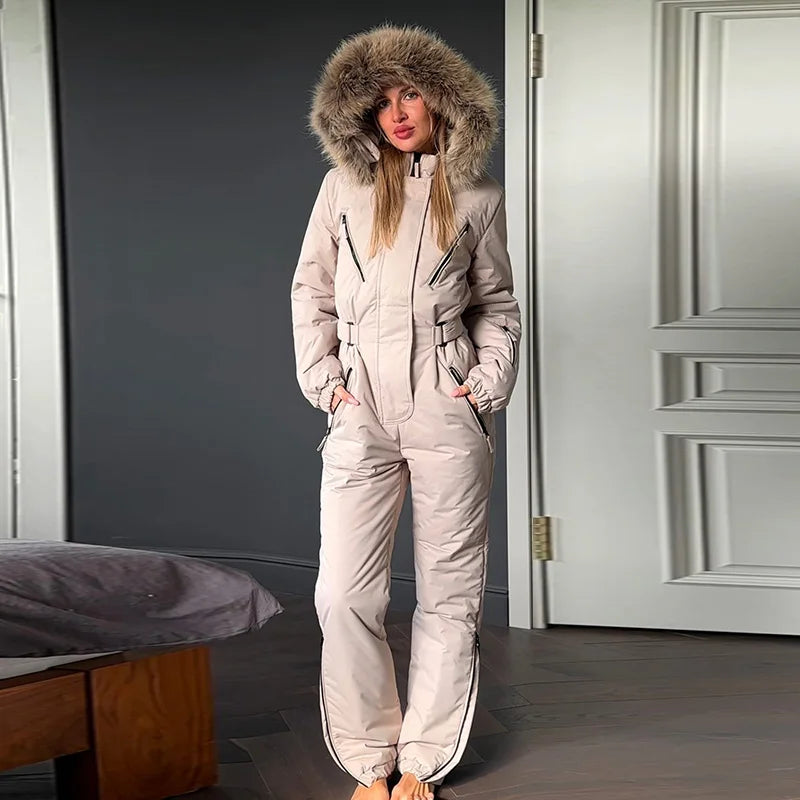 Warm Hooded Fur Splicing Ski Suit Women's