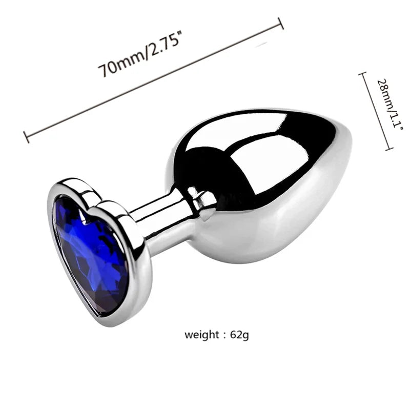 3PCS S/M/L Metal Anal Plug Butt Plug with blue gem decoration, dimensions 70mm x 28mm, weighs 62g