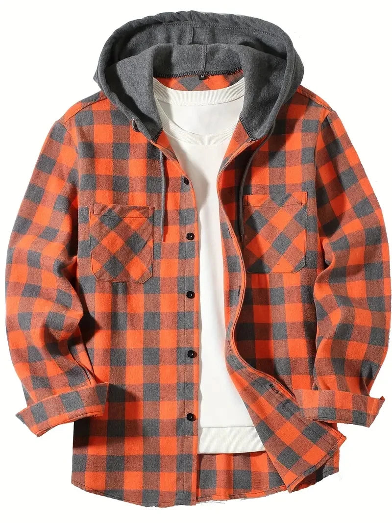 Youth Fashion Street Hooded Plaid Shirt Men's Slim Fit