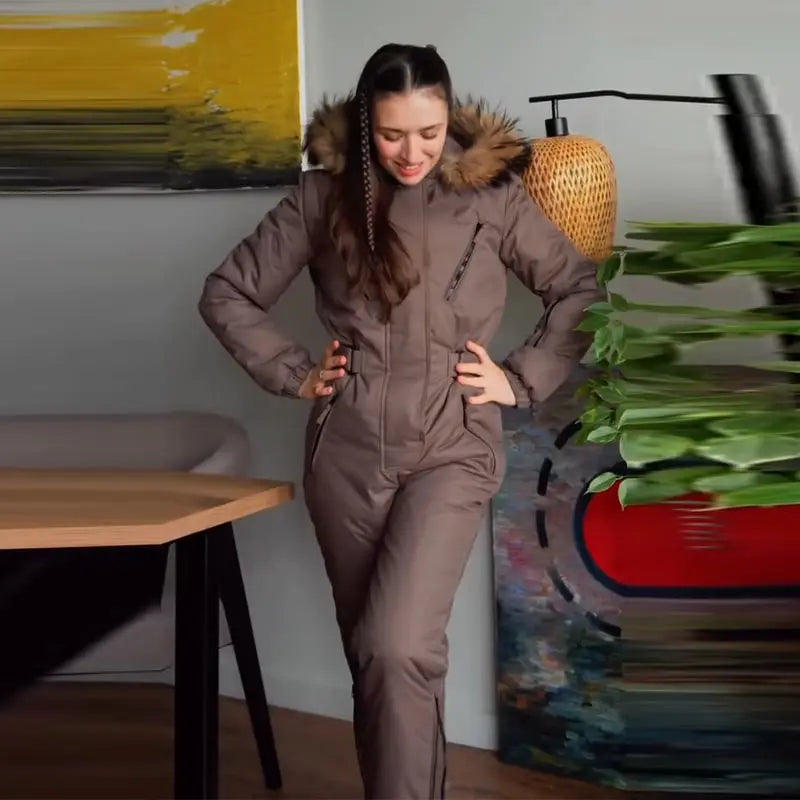 Warm Hooded Fur Splicing Ski Suit Women's