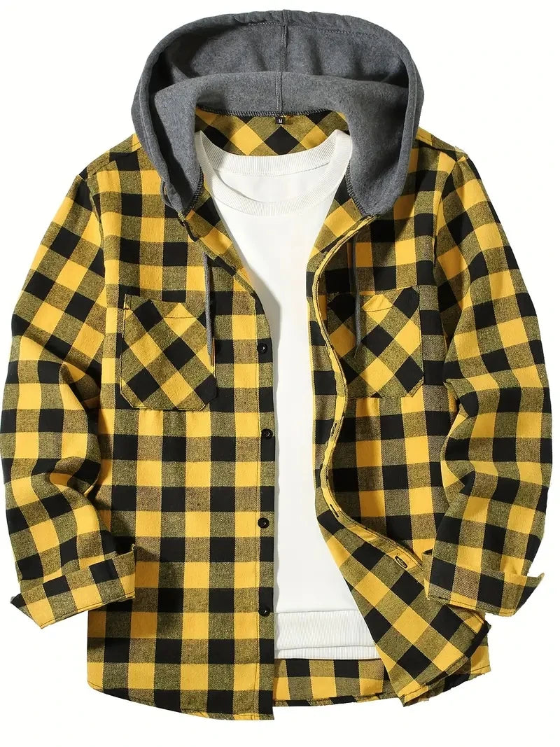 Youth Fashion Street Hooded Plaid Shirt Men's Slim Fit