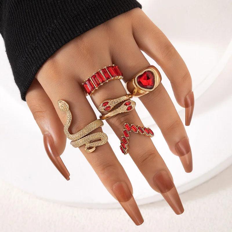 HNSP Vintage Long Snake Ring Set For Women Gothic Black Gold Silver Color Adjustable Finger Jewelry Accessories Female Gift