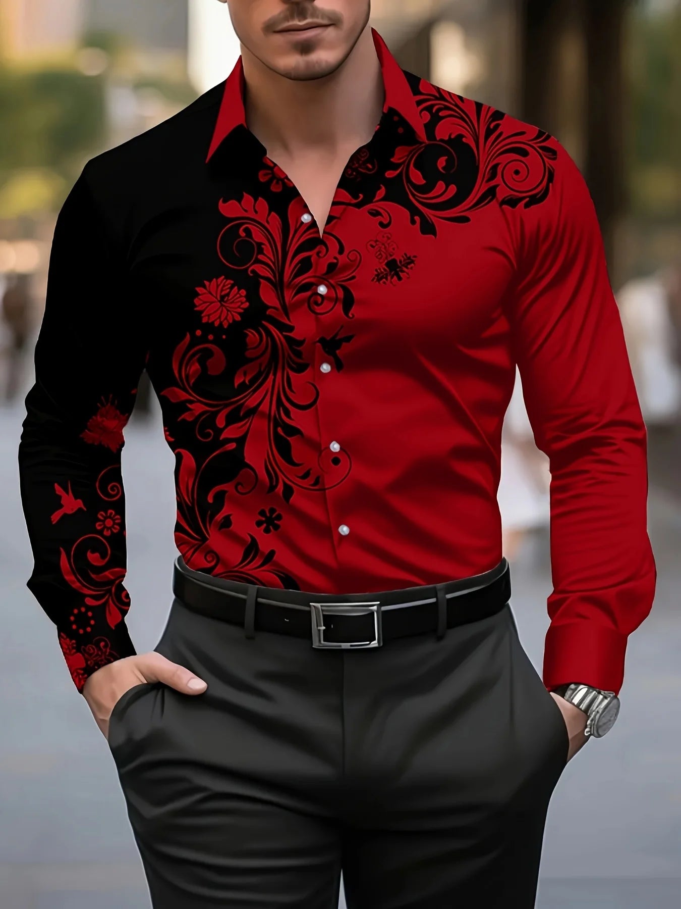 Men'S Stylish Red Floral Print Dress Shirt - Casual