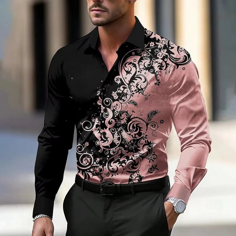 Men'S Stylish Red Floral Print Dress Shirt - Casual