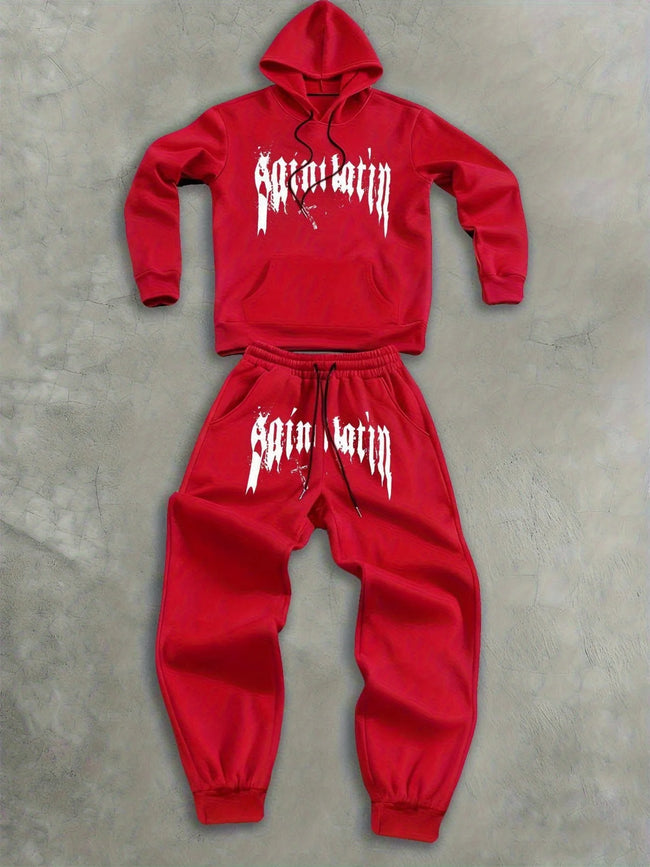 2Pcs Fleece Hoodie Suit Art Graphic Letter Print