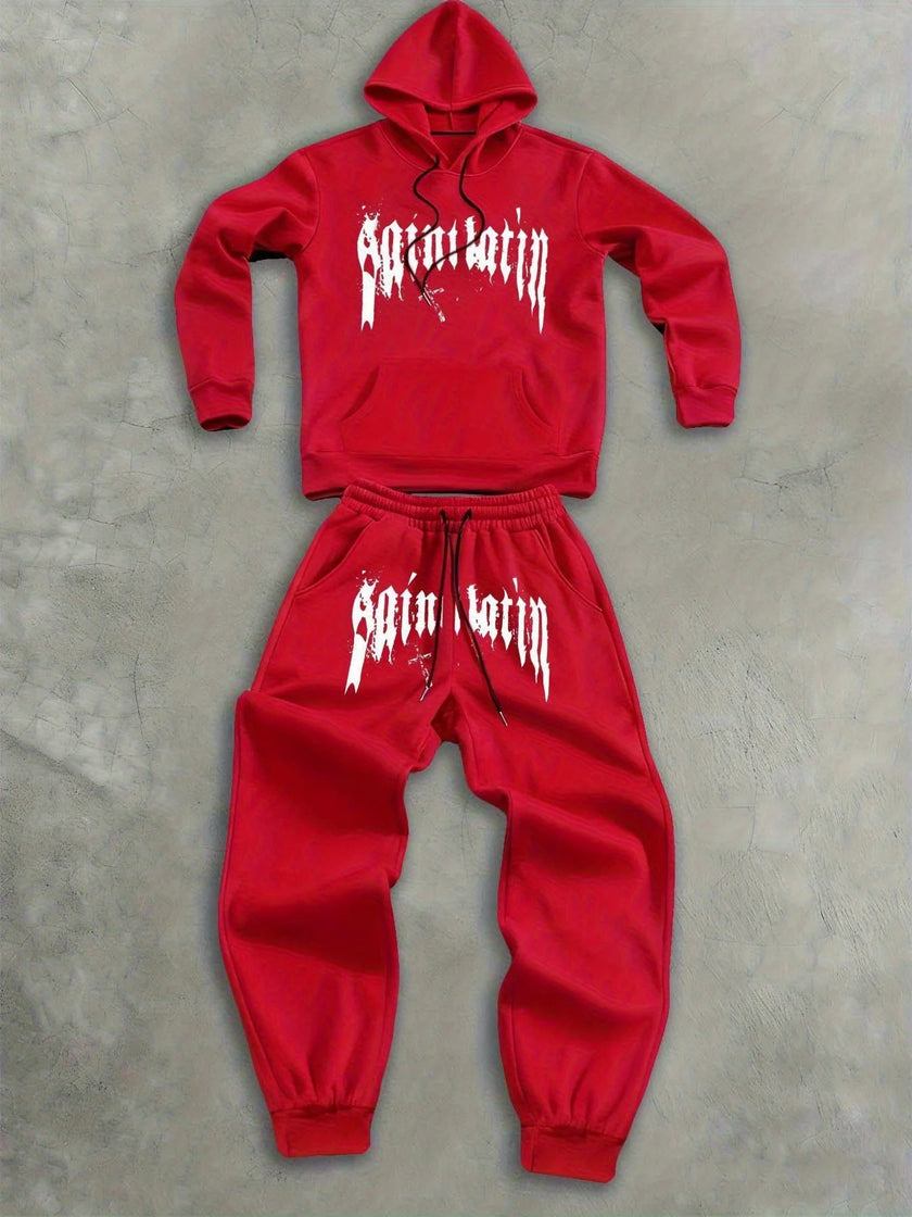 2Pcs Fleece Hoodie Suit Art Graphic Letter Print