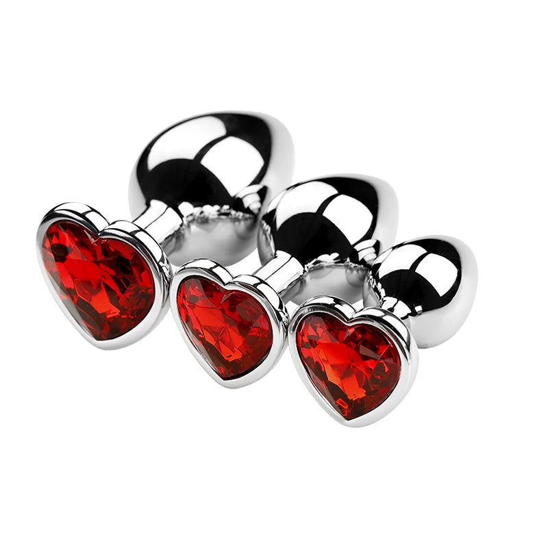 3PCS S/M/L Metal Anal Plug Butt Plug with red heart-shaped gemstones