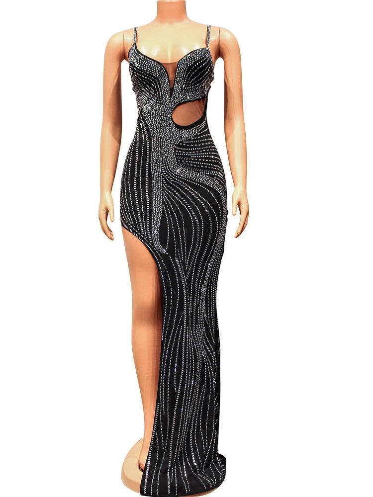 Beyprern Luxury Black Crystal Long Maxi Dress Gown Sparkle - IM PERKY Boutique