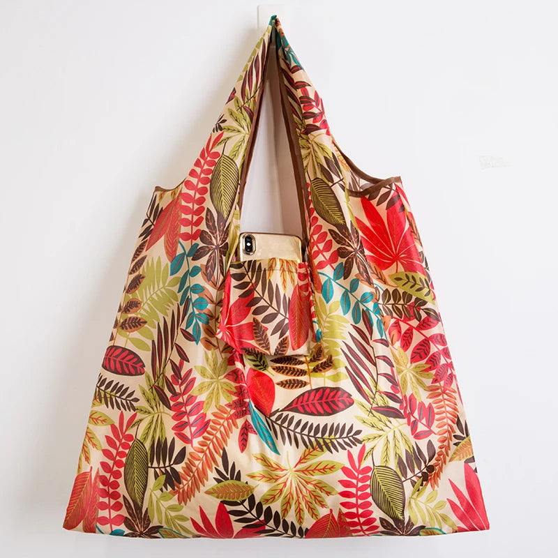 Big Size Thick Nylon Large Tote ECO Reusable with colorful floral pattern, perfect for shopping and casual outings.