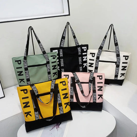Leisure Large Capacity Tote Bag for Women Shoulder Bags in various colors including black, pink, green, yellow, and white.