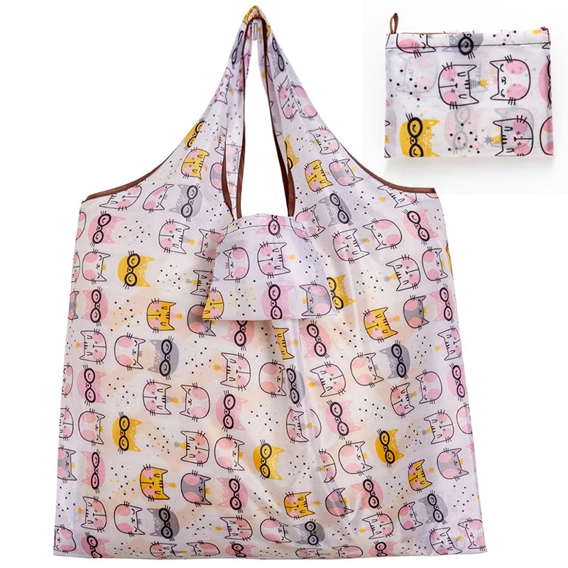 Big Size Thick Nylon Large Tote ECO Reusable with colorful cat pattern and foldable design.