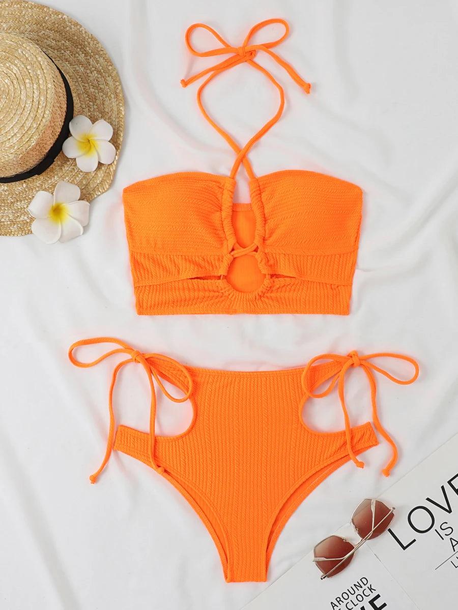 2024 Sexy High Wasited Swimsuit Women Solid Bikini Hollow Out Cross Swimwear Female Bathers Bathing Swimming Swim Suit Beachwear - IM PERKY Boutique