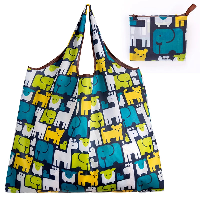Big Size Thick Nylon Large Tote ECO Reusable featuring colorful animal patterns and a matching pouch.