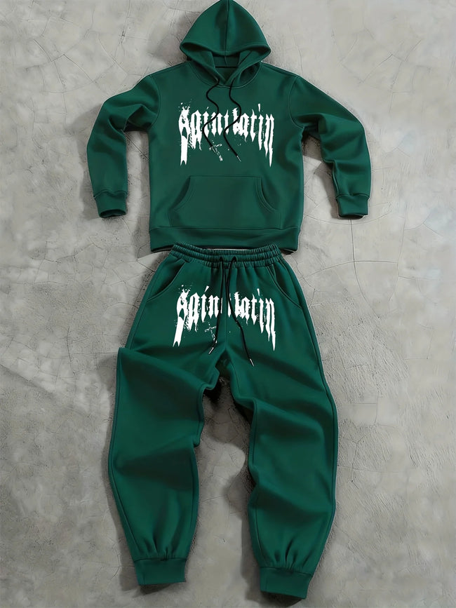 2Pcs Fleece Hoodie Suit Art Graphic Letter Print