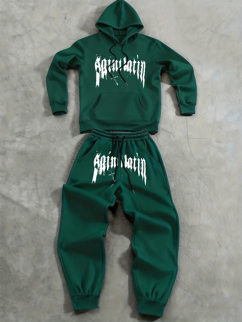 2Pcs Fleece Hoodie Suit Art Graphic Letter Print