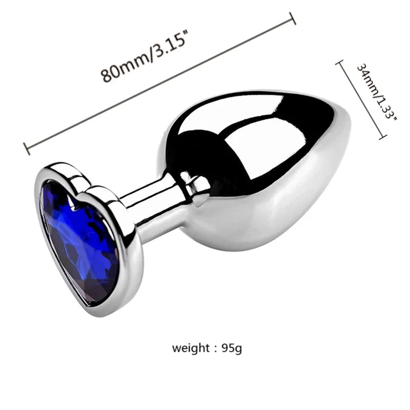 3PCS S/M/L Metal Anal Plug Butt Plug with a blue gem, showcasing its shiny stainless steel design and specifications.