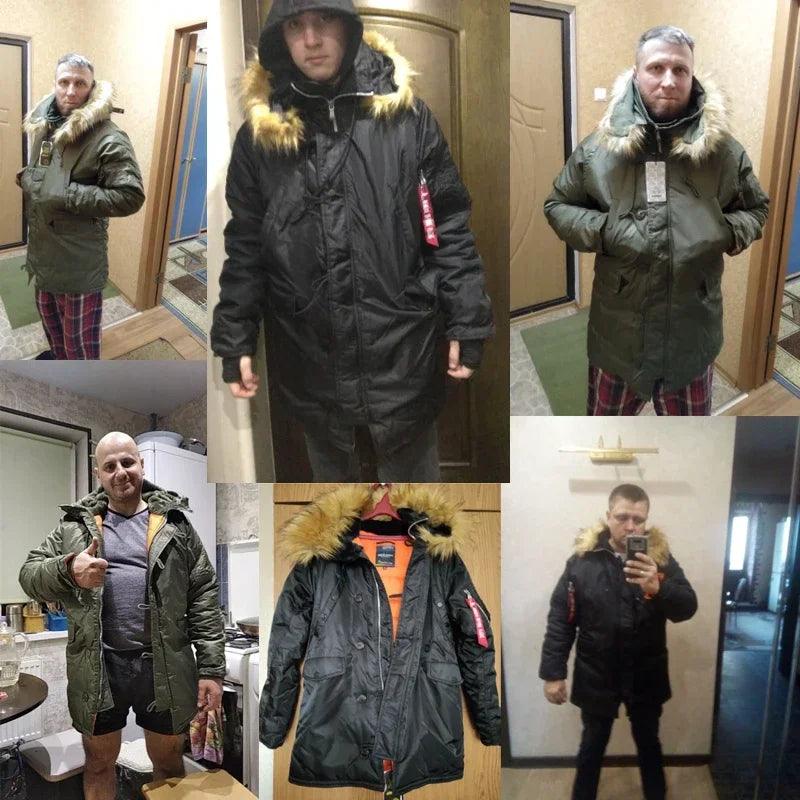 New Winter N3B Puffer Jacket Men Long Canada Coat Military Fur Hood Warm Trench Camouflage Tactical Bomber Army Korean Parka - Lady Vals Vanity