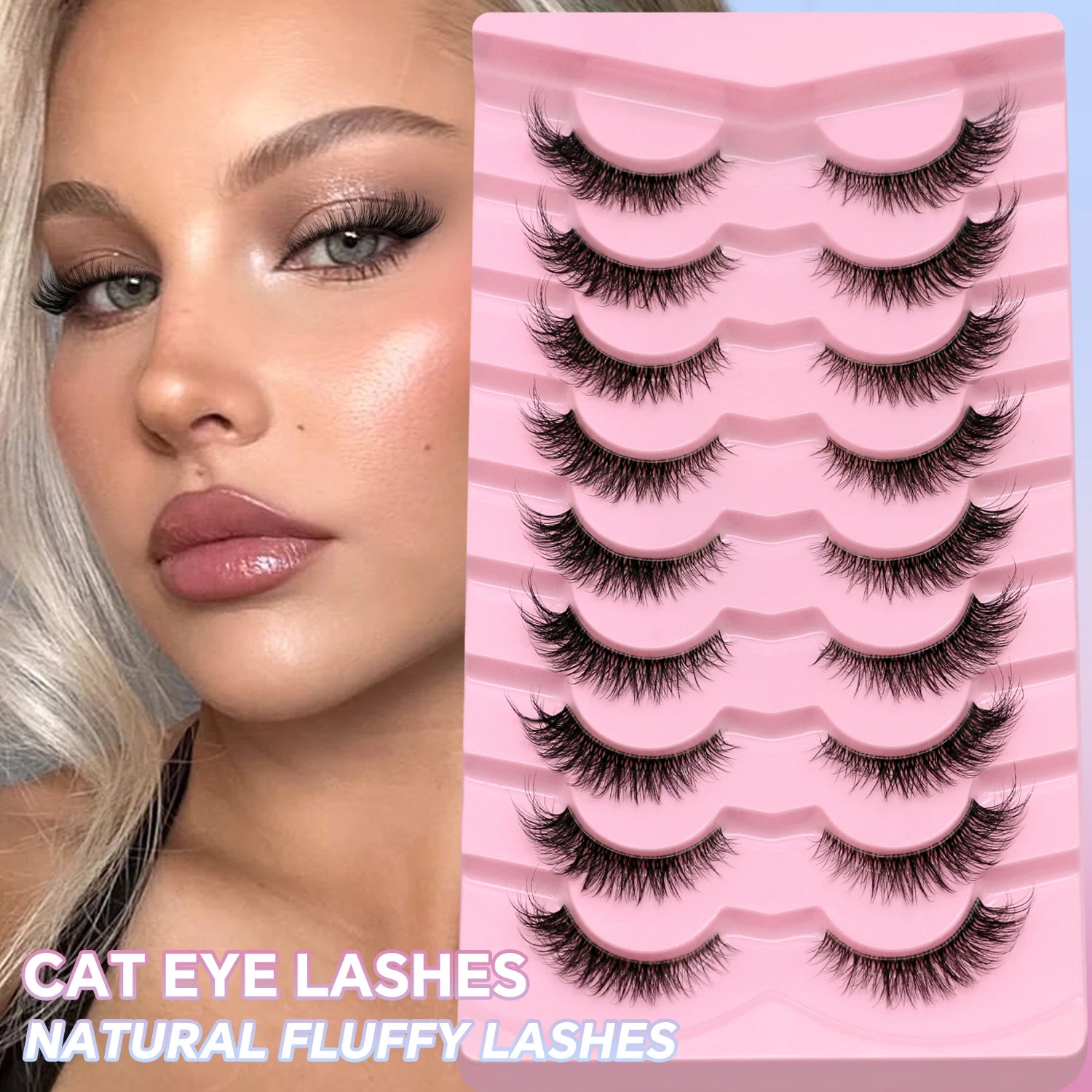 LASVIREY Fluffy Cat Eye Lashes Natural Mink displayed with model showcasing natural makeup.