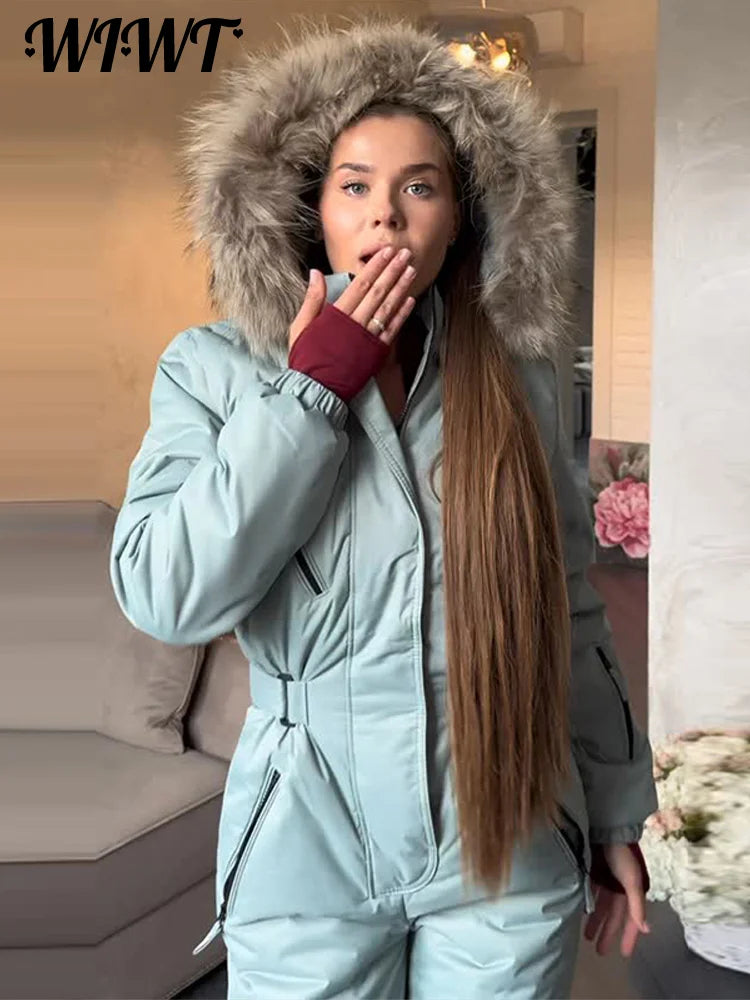 Warm Hooded Fur Splicing Ski Suit Women's