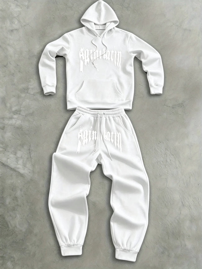 2Pcs Fleece Hoodie Suit Art Graphic Letter Print