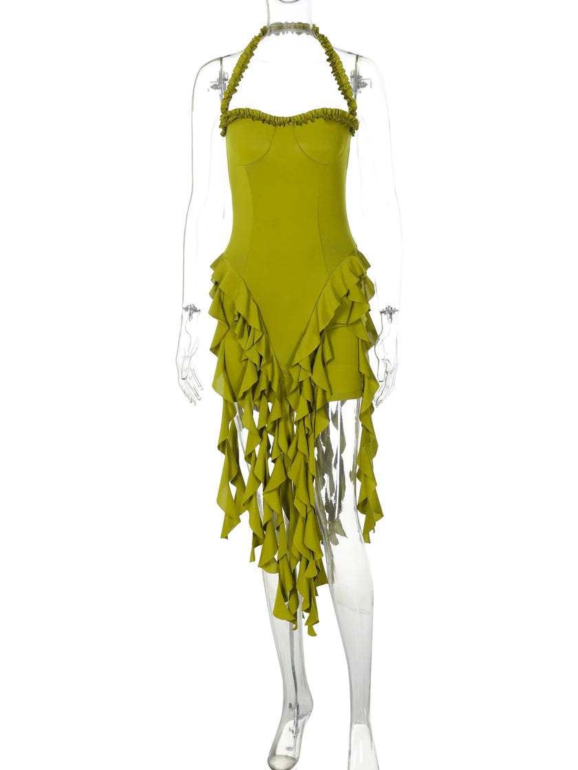 Hugcitar Elegant Halter Solid Ruffles Dress