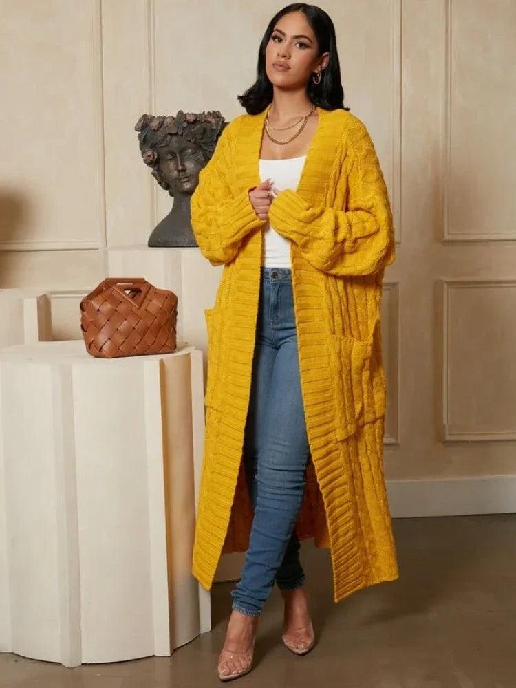 Kintted Cardigan Women Long Jacket Autumn Winter Yellow Crochet