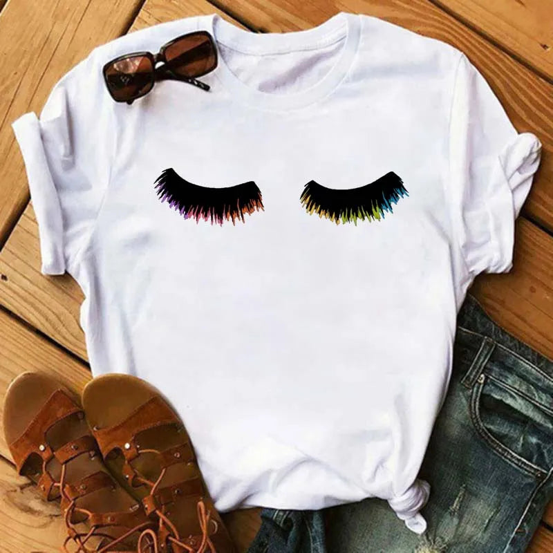 Kawaii Fashion Graphic Women Tops Eyelashes
