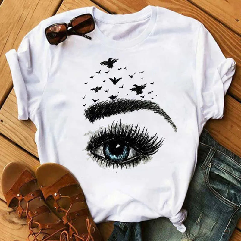 Kawaii Fashion Graphic Women Tops Eyelashes