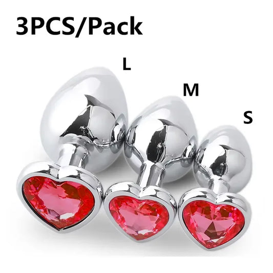 3PCS S/M/L Metal Anal Plug Butt Plug with heart-shaped gems in silver finish.