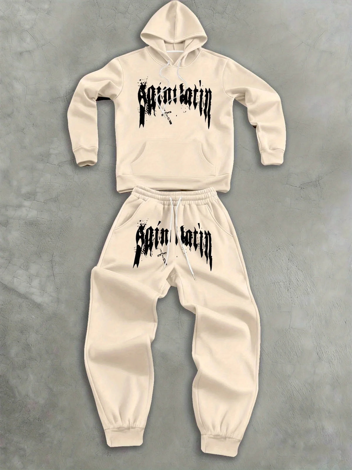 2Pcs Fleece Hoodie Suit Art Graphic Letter Print
