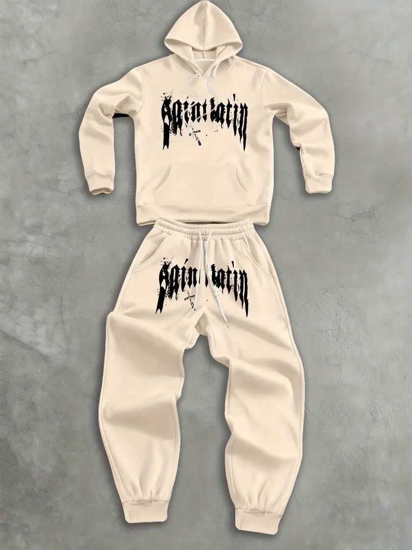 2Pcs Fleece Hoodie Suit Art Graphic Letter Print