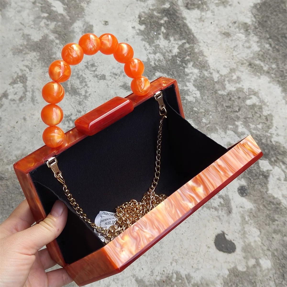 Bright Orange Marble Acrylic Box Evening Clutch Bags Women Chic And Elegant Resin Beaded Top Handle Mini Flap Purses And Handbag - IM PERKY Boutique