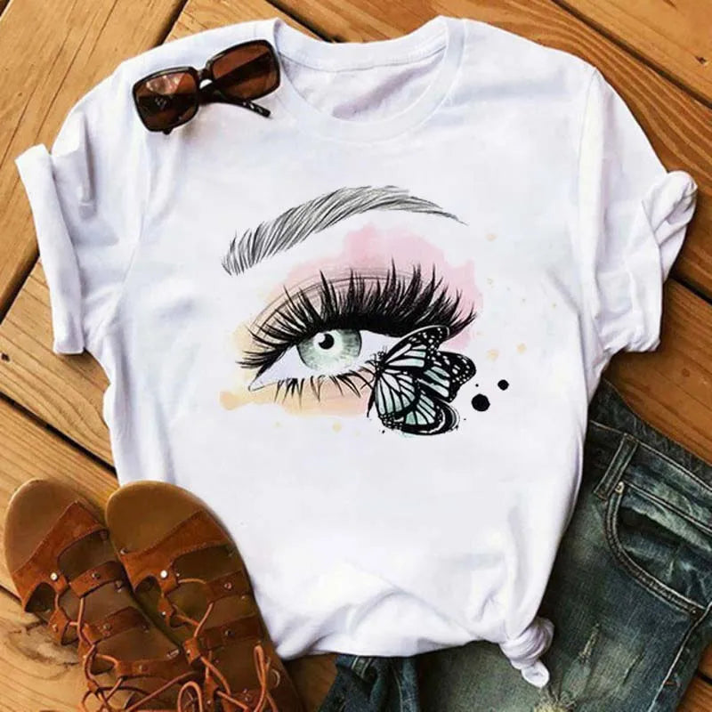 Kawaii Fashion Graphic Women Tops Eyelashes
