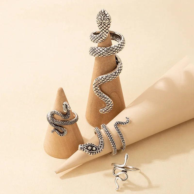 HNSP Vintage Long Snake Ring Set For Women Gothic Black Gold Silver Color Adjustable Finger Jewelry Accessories Female Gift