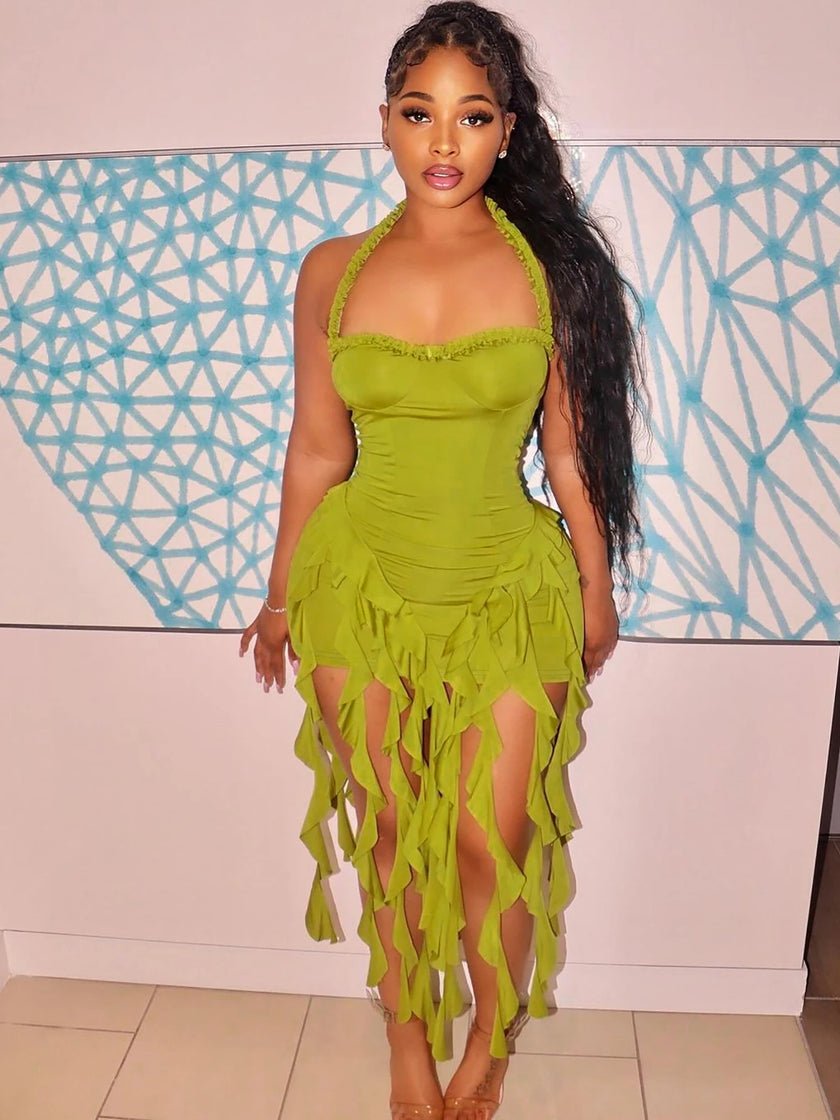 Hugcitar Elegant Halter Solid Ruffles Dress