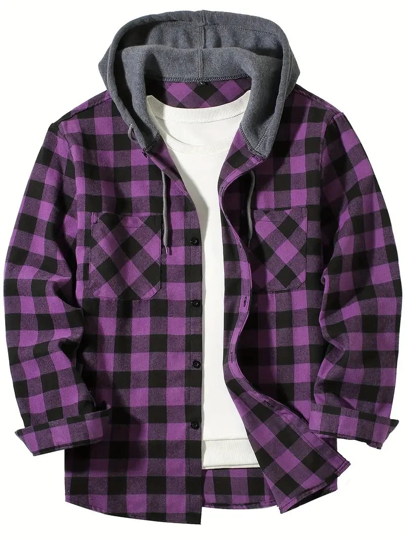 Youth Fashion Street Hooded Plaid Shirt Men's Slim Fit