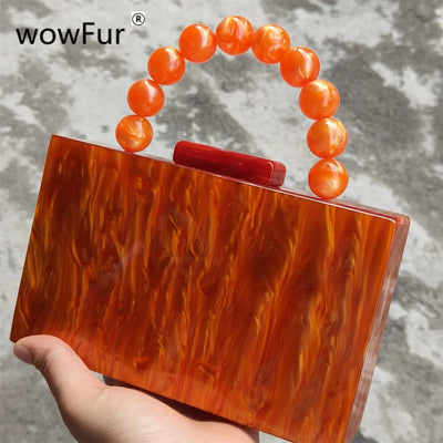 Bright Orange Marble Acrylic Box Evening Clutch Bags Women Chic And Elegant Resin Beaded Top Handle Mini Flap Purses And Handbag - IM PERKY Boutique