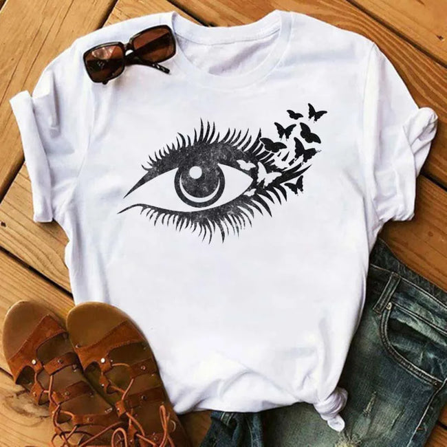 Kawaii Fashion Graphic Women Tops Eyelashes
