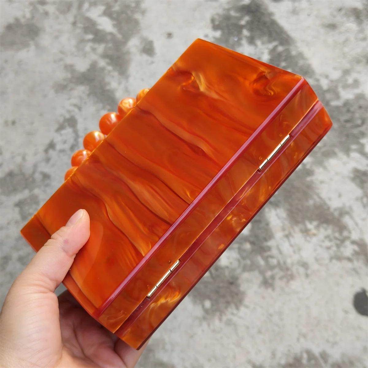 Bright Orange Marble Acrylic Box Evening Clutch Bags Women Chic And Elegant Resin Beaded Top Handle Mini Flap Purses And Handbag - IM PERKY Boutique