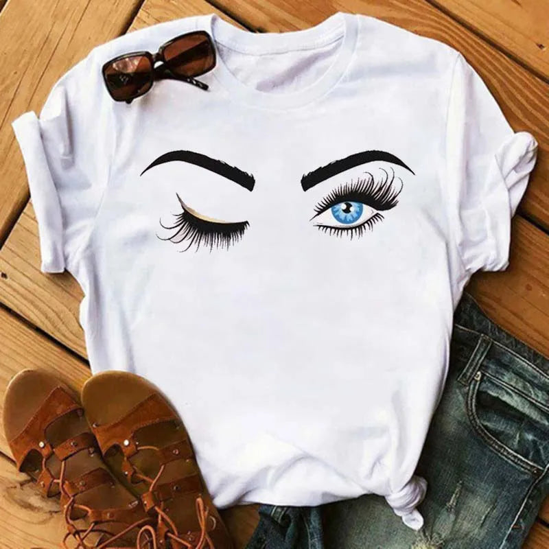 Kawaii Fashion Graphic Women Tops Eyelashes