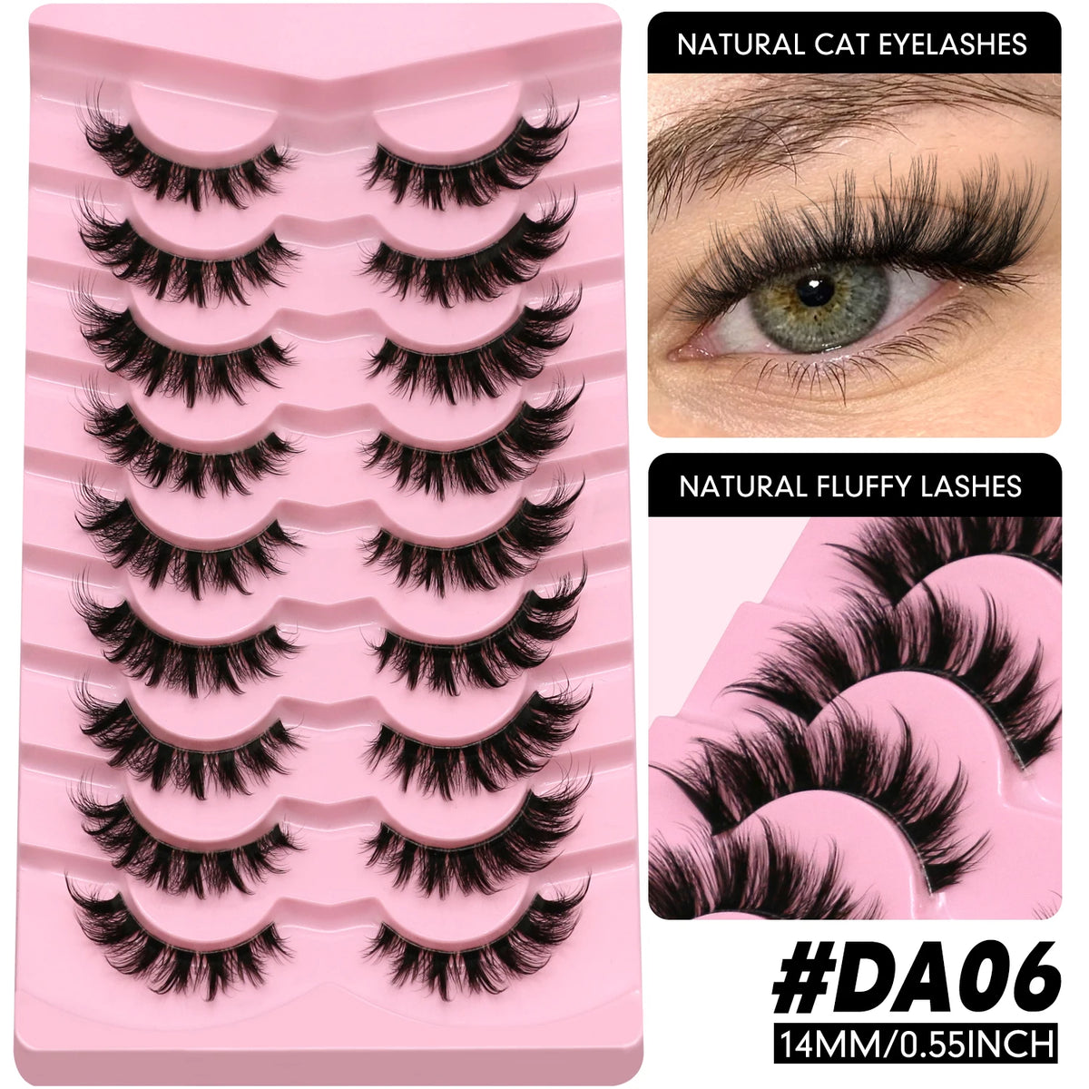 LASVIREY Fluffy Cat Eye Lashes Natural Mink displayed with various styles and lengths in a pink organizer.