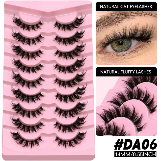 LASVIREY Fluffy Cat Eye Lashes Natural Mink displayed with various styles and lengths in a pink organizer.