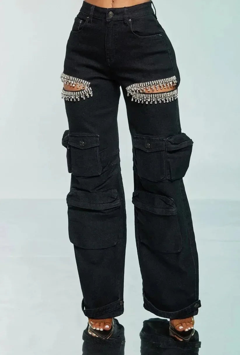 Women Cutout Diamonds Crystal Hollow Out Straight Denim Pants 2024 Fall Multi Pocket High Waist Wide Leg Jeans Trousers