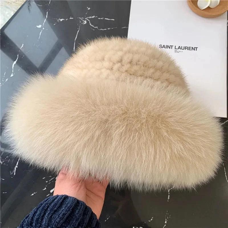 New Genuine Real Natural Knitted Mink Fur Hat Cap Luxury Women Handmade Knit Fashion Winter Headwear Warm Real Fox Fur Beanies - IM PERKY Boutique