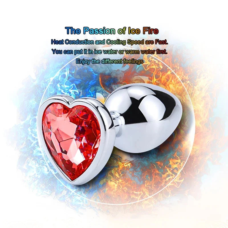 3PCS S/M/L Metal Anal Plug Butt Plug with heart-shaped red gem enhancing pleasure experiences.